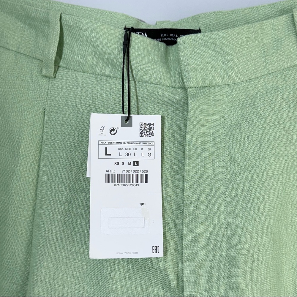 NWT Zara Linen Long Bermuda High Rise Pleated Shorts Green L Lagenlook 90s Boho - Picture 10 of 16